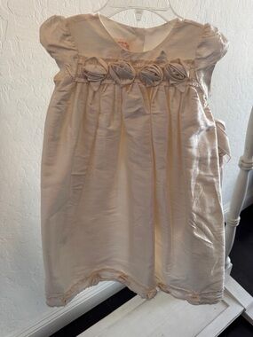 Biscotti Cream Baby Christening Dress with Rosette Accents